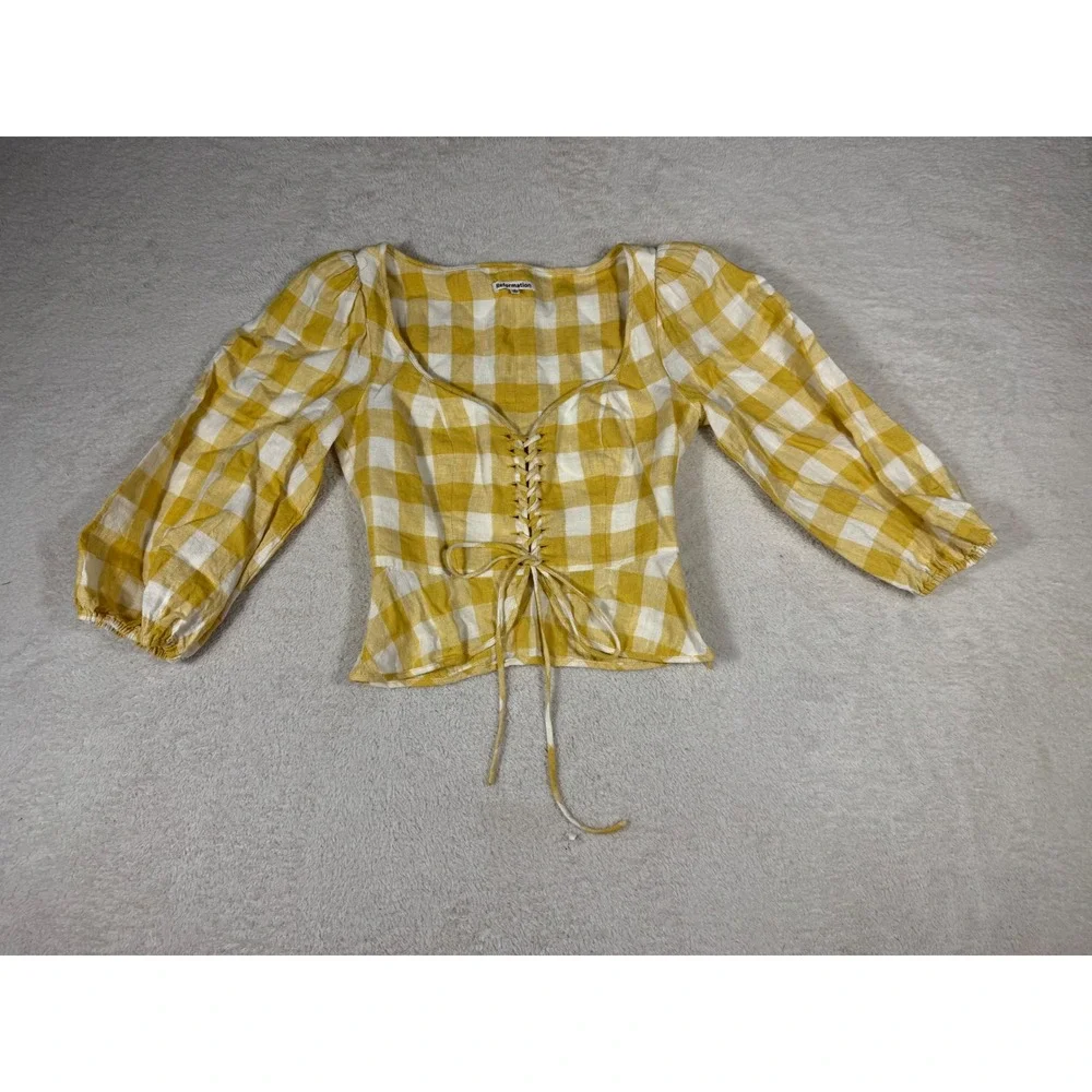 Reformation Gingham Linen Top Womens 0 Yellow peasant Lace Up Puff Sleeve Boho
